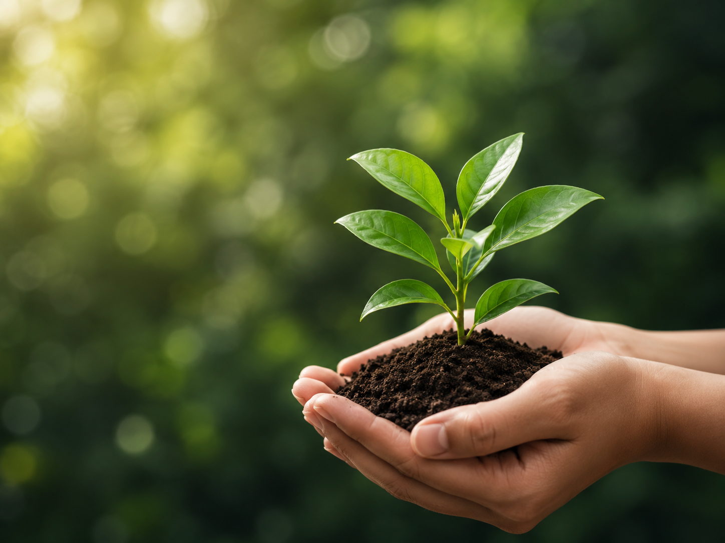 Seedling held in hands, representing sustainable growth